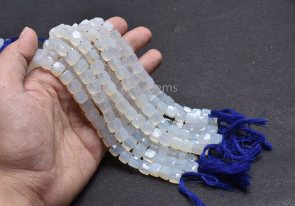 8" Strand White Chalcedony Faceted Cube Gemstone Beads, Natural Chalcedony Indian Cut 3D Cube Box Center Drill Bead Chalcedony Beads Jewelry