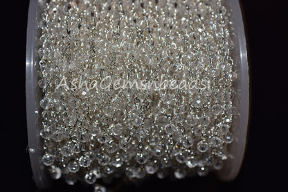3,5,10,25 Feet,Crystal Quartz Hydro Rondelle Faceted Beads Rosary Chain,Silver Plated Wire,Jewelry Making Craft,Finding,3-3.5mm,Beaded Chain