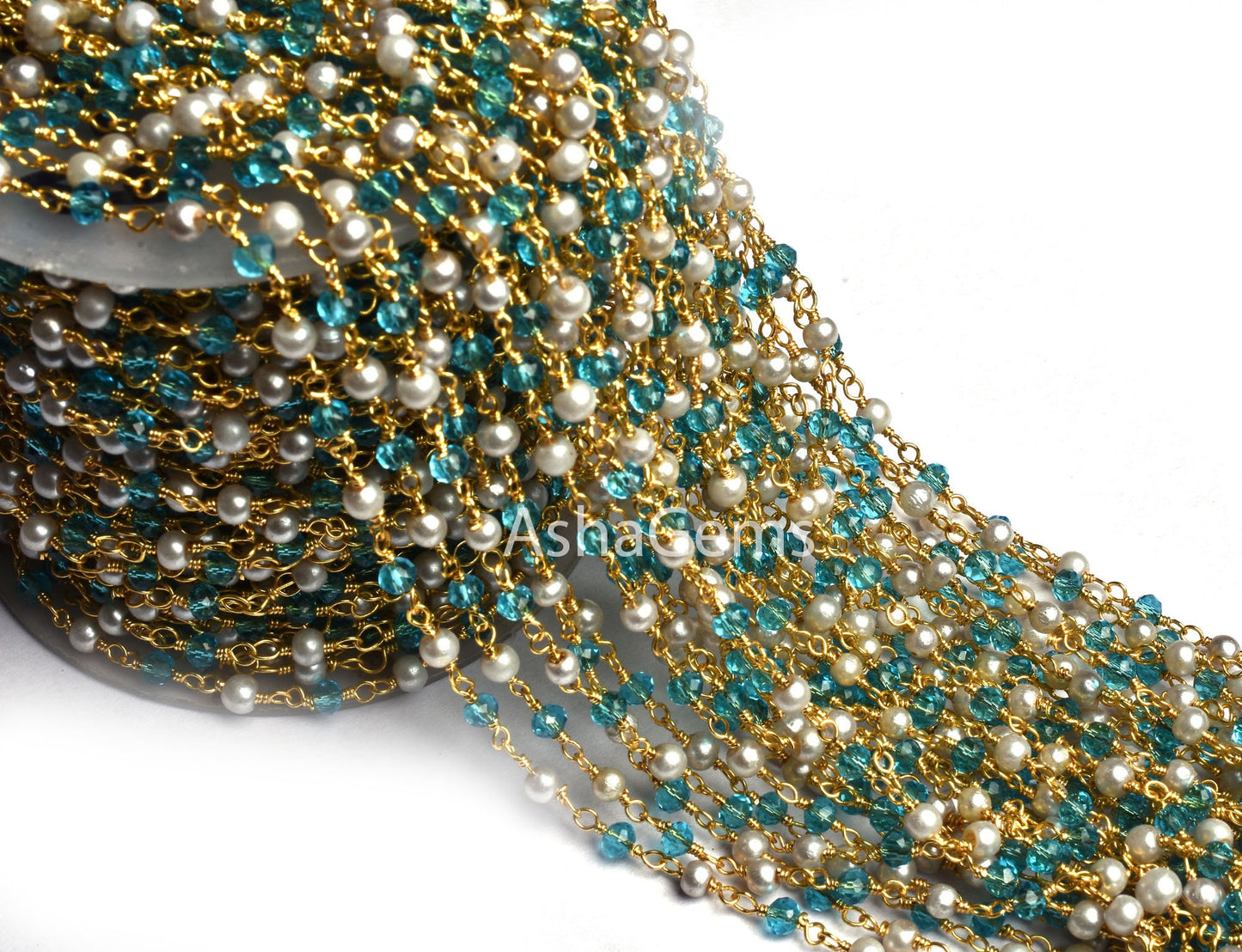Beautiful White Pearl, Blue Topaz Hydro Beads Rosary Chain Gold Plated Wire Wrap Rondelle Beaded Chain 3 mm Jewelry Making handicraft Chain
