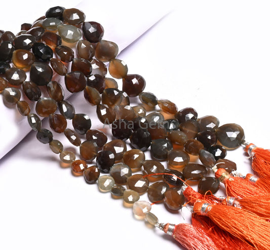 10" Strand Chalcedony Faceted Heart Gemstone Bead, Shaded Grey Brown Green Chalcedony Heart Straight Drill Gemstone Beads Jewelry Craft SALE
