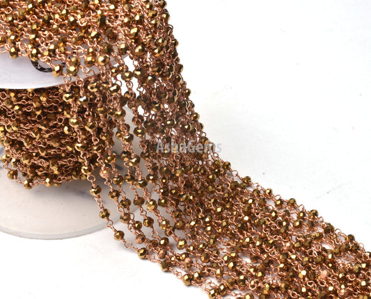 3,5,10,50 Feet Gold Pyrite Hydro Faceted Rondelle Beaded Rosary Chain,3mm,Rose Gold Plated,Wire Wrapped ,Finding,Jewelry Making,Rosary Chain