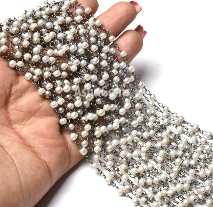 Pearl Hydro Rondelle Smooth Hydro Beaded Rosary Chain,Black Metal Plated,Jewelry Making Chain,Finding, Wire Wrapped Chain,3-3.5mm ,Gunmetal