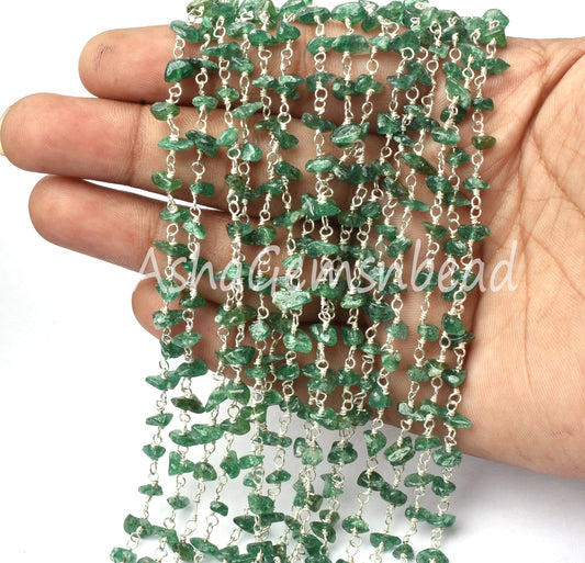 Natural Green Mica Uncut Beads Chain Rosary Silver Plated Wire Tiny Nugget Beaded Gemstone Chain For Jewelry Making Necklace handicraft SALE
