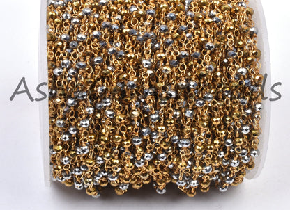 1,3,5,10 Ft, Silver Pyrite Hydro Faceted Rondelle Beaded Rosary Chain Gold Plated Wire Jewelry Making Finding,3-3.5mm Pyrite Hydro Chain