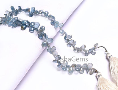 Beautiful Moss Aquamarine Faceted Pear Shape Gemstone beads,8" Natural Blue Aquamarine Side Drill Teardrop Briolette Moss Aqua Beads Jewelry (AG 18627)