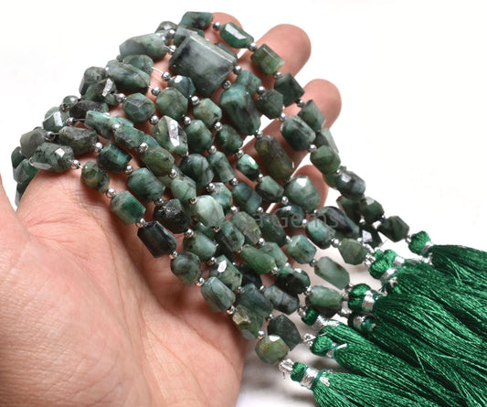 Real Emerald Faceted Nugget Shape Gemstone Beads, Natural Sakota Emerald Indian Cut Tumble Uneven Beads, Green Emerald Beads Jewelry Crafts