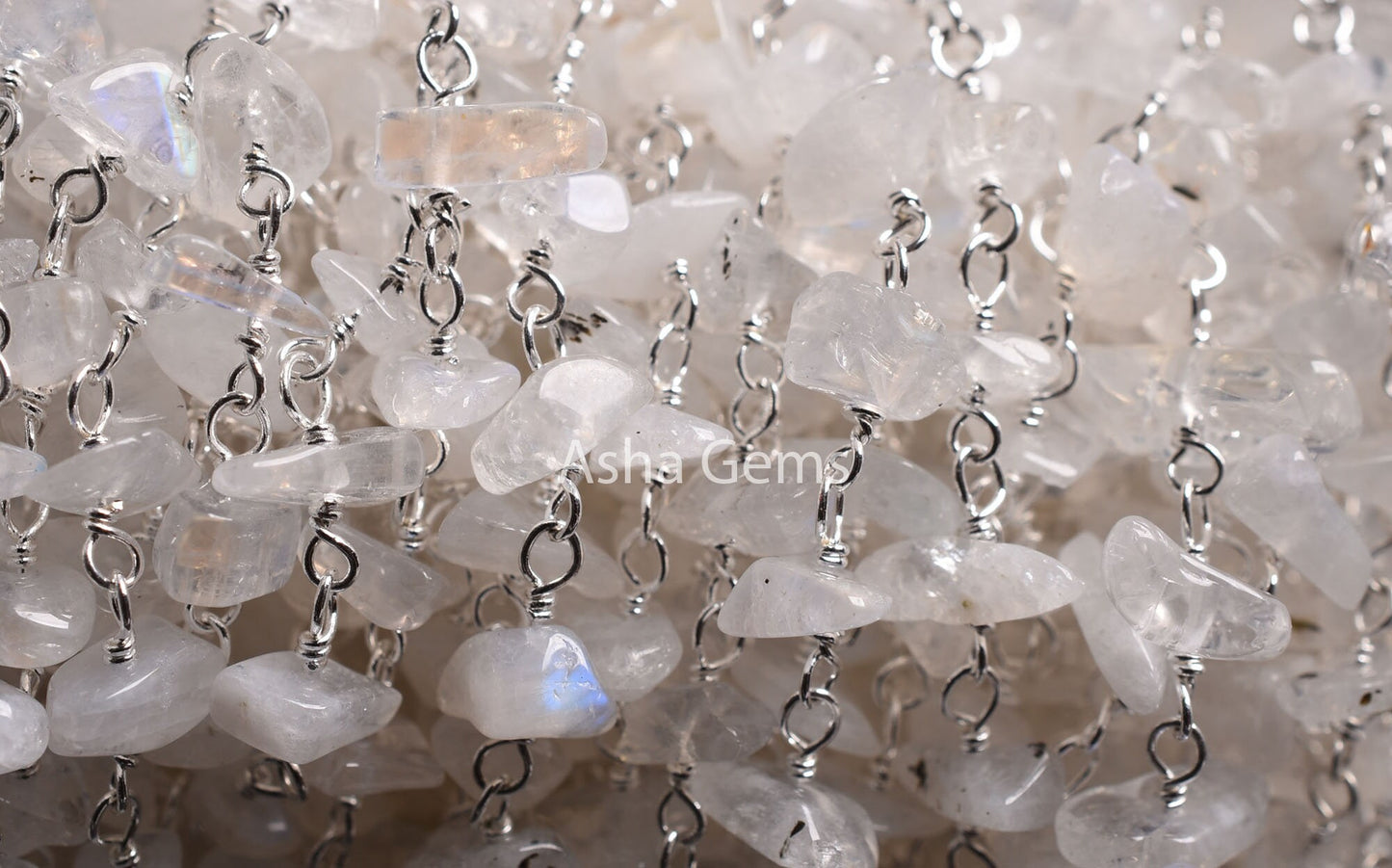 Natural Rainbow Moonstone Uncut Chips Beads Rosary Chain Silver,Gold Plated Wire Bulk Roll Beads Chain Jewelry Making Tiny Nugget Bead Chain