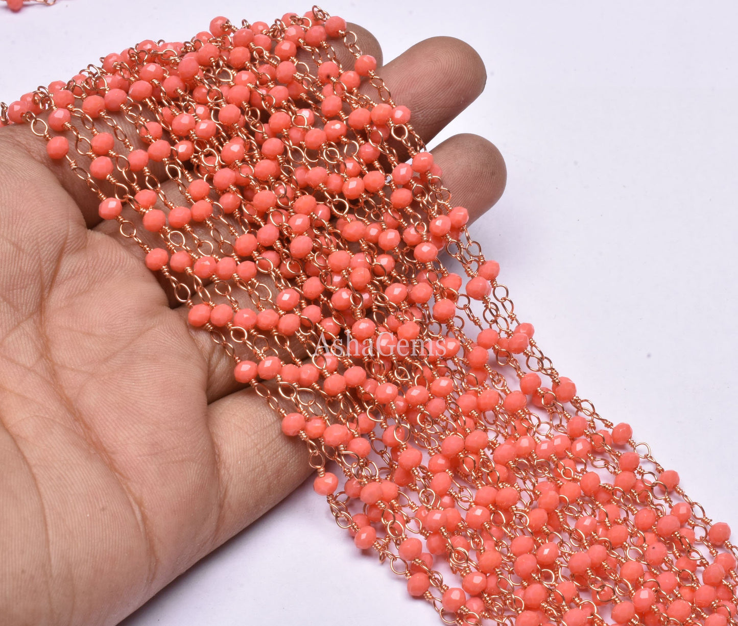 3 mm Beautiful Orange Coral Hydro Micro Cut Beads Rosary Chain Rose gold plated copper Wire Wrap handmade Beaded Rondelle Chain Rosary Craft