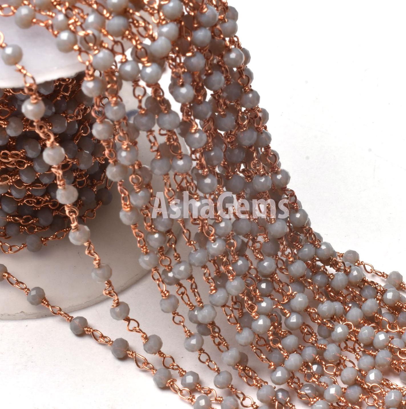 AAA Grey Moonstone Hydro Rondelle Faceted Beads Rosary Chain By Feet,3 mm Rose Gold Plated Wire Wrap Chains For Jewelry Making Necklace SALE