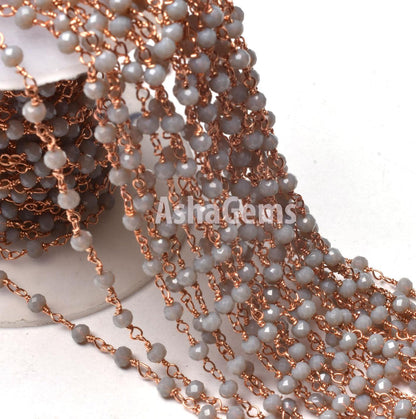 AAA Grey Moonstone Hydro Rondelle Faceted Beads Rosary Chain By Feet,3 mm Rose Gold Plated Wire Wrap Chains For Jewelry Making Necklace SALE
