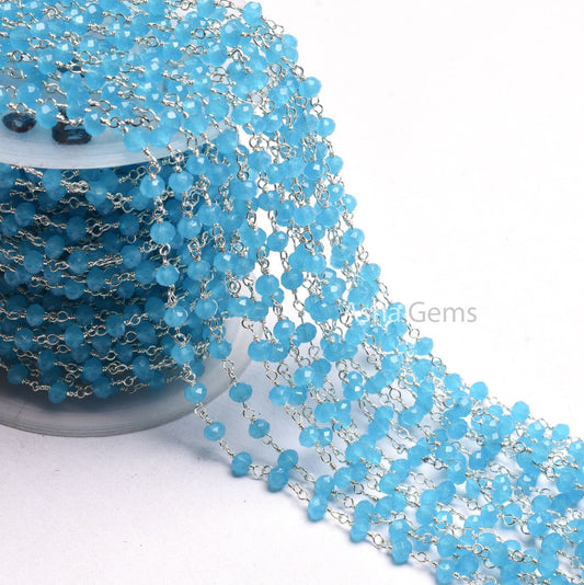 AAA Blue Milky Chalcedony Hydro Beads Rosary Chain by feet,4 mm Silver Plated Wire Wrap Micro Cut Rondelle Faceted Bead Chain Rosary Jewelry