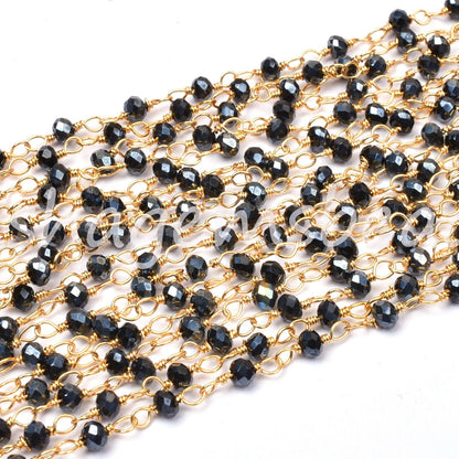 AAA Black Spinel Hydro Silver Coated Faceted Rosary Chain,3 mm Beaded Gold Plated Wire Wrap Rondelle handmade Chain Jewelry Making Craft SALE