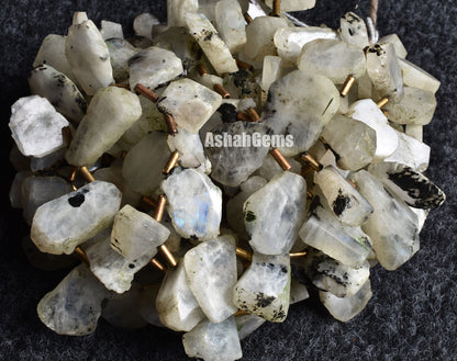Natural Moos Rainbow Moonstone Slice Rough beads,13" Blue Fire Rainbow Raw Uneven Shape Beads, Black Dot Rainbow Moonstone Flat Slice beads