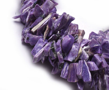 Natural Purple Charoite Raw Rough Slice Gemstone Beads,8.5" Strand Natural Charoite Uneven Free Size Long Chip Smooth Beads Charoite Jewelry