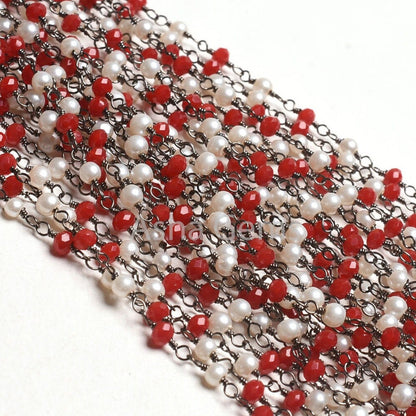 Beautiful Pearl Red Ruby Hydro Beads Rosary Chain,3mm Black Plated Gunmetal Wire Wrap Handmade Beaded Chain For Necklace Making Jewelry SALE