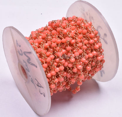 3 mm Beautiful Orange Coral Hydro Micro Cut Beads Rosary Chain Rose gold plated copper Wire Wrap handmade Beaded Rondelle Chain Rosary Craft