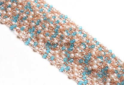 3,5,10,25,50Feet White Pearl, Blue Topaz Hydro Beads Rosary Chain Rondelle Beaded Rose Gold Plated Copper Wire Wrap Jewelry Making Chain 3mm
