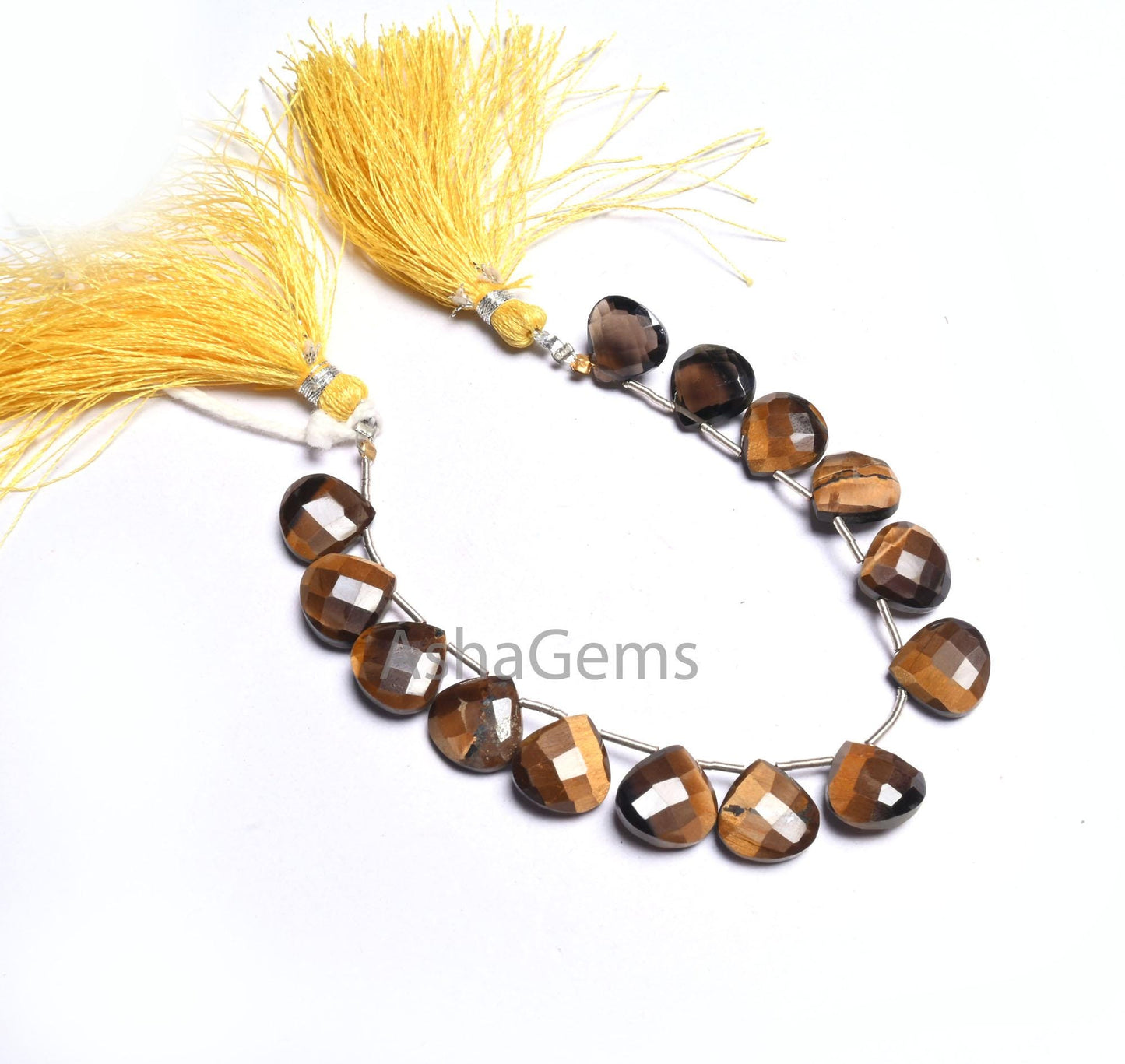 Beautiful Tiger Eye Faceted Heart Shape Beads,11 mm natural Tiger eye+ 2 Piece Smoky quartz Heart Briolette Gemstone Bead Jewelry Craft SALE (AG 18613)