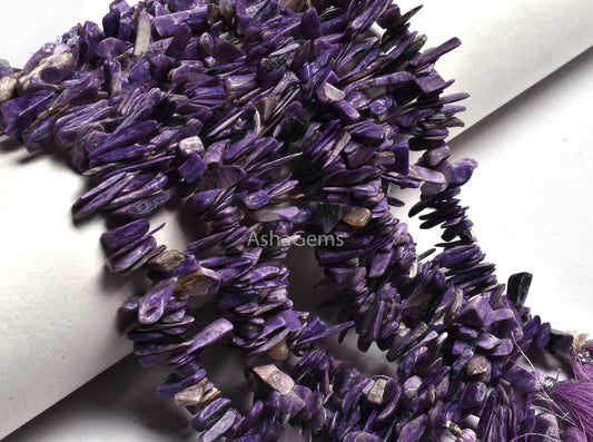 8"Strand Purple Charoite Raw Rough Smooth Nugget Gemstone Beads, Natural Charoite Uneven Free Size Long Chip Beads Charoite Jewelry Makings