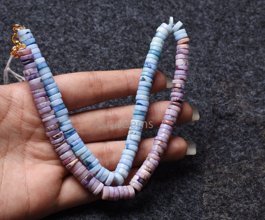 beautiful Opal Smooth Tyre Shape gemstone Beads necklace,8 mm Shaded Sky Blue-Lavender Opal Plain Handmade Flat Tyre Opal bead Necklace SALE