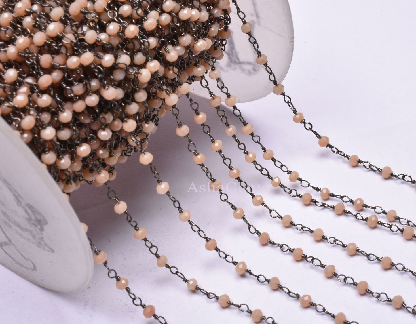 3,5,10,25 Foot,Peach Moonstone Hydro Rondelle Faceted Beaded Rosary Chain Black Metal Plated Wire,Jewelry Making,Finding,3-3.5mm,Bulk Chain