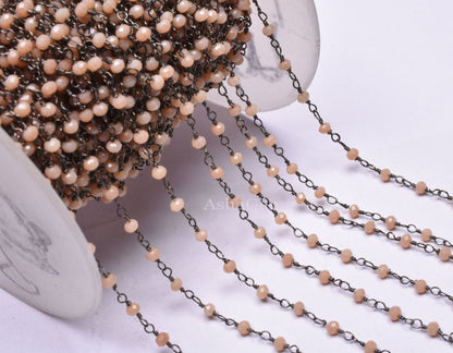 3,5,10,25 Foot,Peach Moonstone Hydro Rondelle Faceted Beaded Rosary Chain Black Metal Plated Wire,Jewelry Making,Finding,3-3.5mm,Bulk Chain