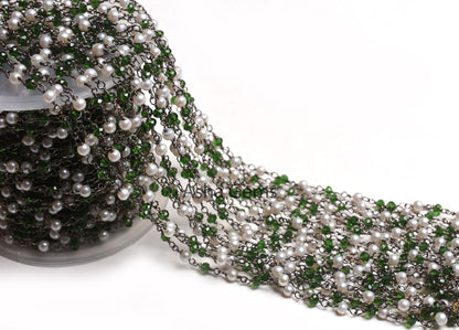 Beautiful Pearl, Chrome Green Hydro Beads Rosary Chain,3 mm Black Plated Gunmetal Wire Wrap Faceted Rondelle Beads Chain Jewelry Making SALE