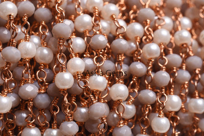 Rose Gold Plated White Pearl Grey Moonstone Hydro Beads Rosary Chain, Faceted Rondelle Beads Wire wrapped Bulk Rosary Chain, Jewelry Making