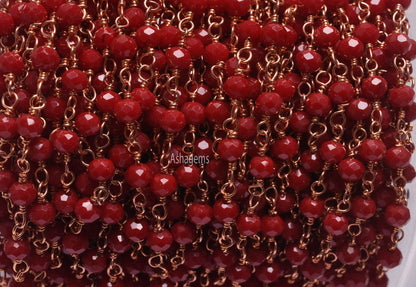 1,3,5,10,25 Feet Red onyx Hydro Faceted Rondelle Beaded Rosary Chain Rose Gold Plated, Finding,Wire Wrapped Chain Jewelry Making DIY Chain