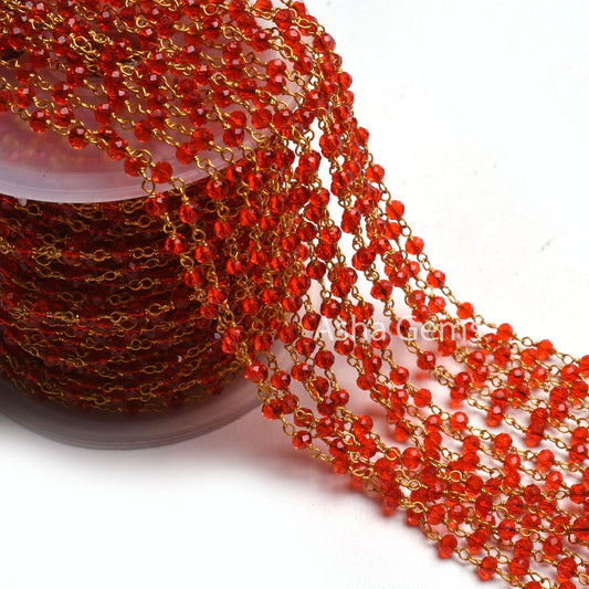 3,5,10,25 Feet Red Quartz Hydro Faceted Rondelle Beaded Rosary Chain gold Plated Wire Red Crystal Jewelry Making Finding 3 mm Crafts Chain