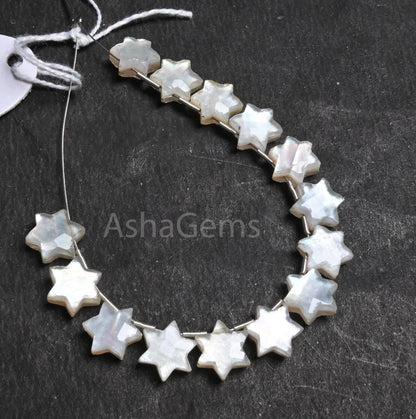 11 mm White Crystal quartz Moonstone Doublet Carving Star Shape Faceted Beads, Quartz Doublet Fancy Star Carved Handmade Gemstone Bead Craft