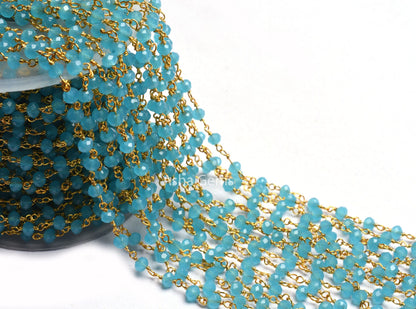 4 mm Blue Milky Chalcedony Hydro Beads Rosary Chain 1,3,5,10,25 Feet Gold Plated Wire Wrap Faceted Rondelle Beaded Rosary Chain Jewelry SALE