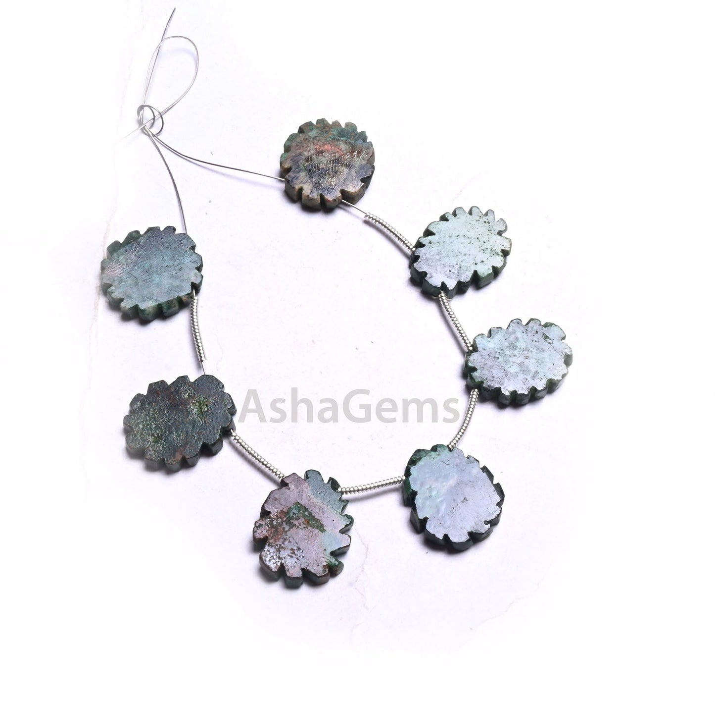 Natural Green Agate Jasper Flat Rough Slice Carving Handmade Beads, Jasper Uneven Raw Polish Gemstone Carve Side Drill Beads Jewelry Crafts