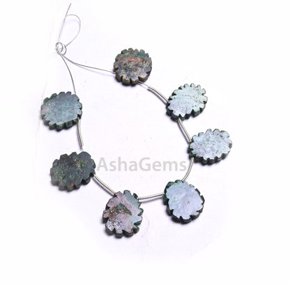 Natural Green Agate Jasper Flat Rough Slice Carving Handmade Beads, Jasper Uneven Raw Polish Gemstone Carve Side Drill Beads Jewelry Crafts