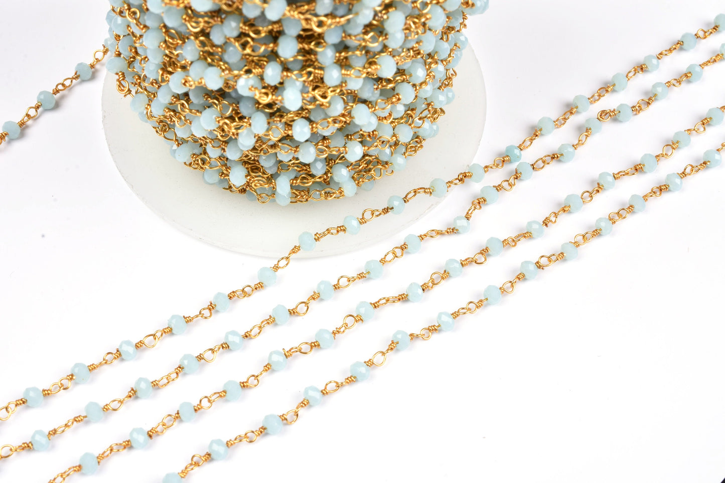 Beautiful Blue Larimar Hydro Faceted Rondelle Beads Rosary Chain By Feet,3 mm Gold Plated Wire Wrapped Handmade Beaded Chains Jewelry Crafts