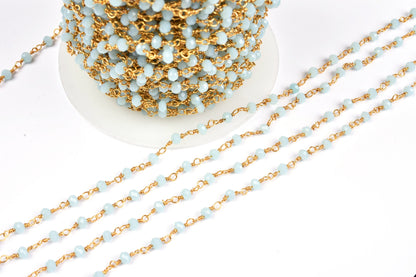 Beautiful Blue Larimar Hydro Faceted Rondelle Beads Rosary Chain By Feet,3 mm Gold Plated Wire Wrapped Handmade Beaded Chains Jewelry Crafts