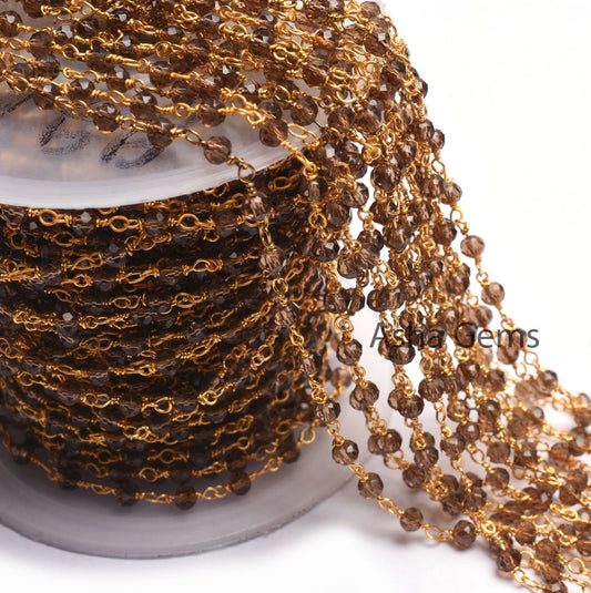Beautiful Smoky Quartz Hydro faceted Beads Rosary Chain, Rosary Micro Cut Beaded Chain Gold Plated Wire Bulk Roll Jewelry Making Chains SALE