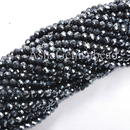 3.2 mm AAA Black Spinel Silver Coated Faceted Rondelle Shape Beads,13" Strand Black Spinel Beads, Natural Spinel Machine Cut Gemstone Beads