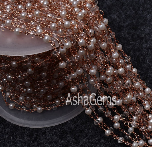 Beautiful Pearl Crystal Quartz Hydro Beads Rosary Chain, Rose gold Plated Copper Wire Wrap Faceted Beaded Chain Necklace Jewelry making SALE