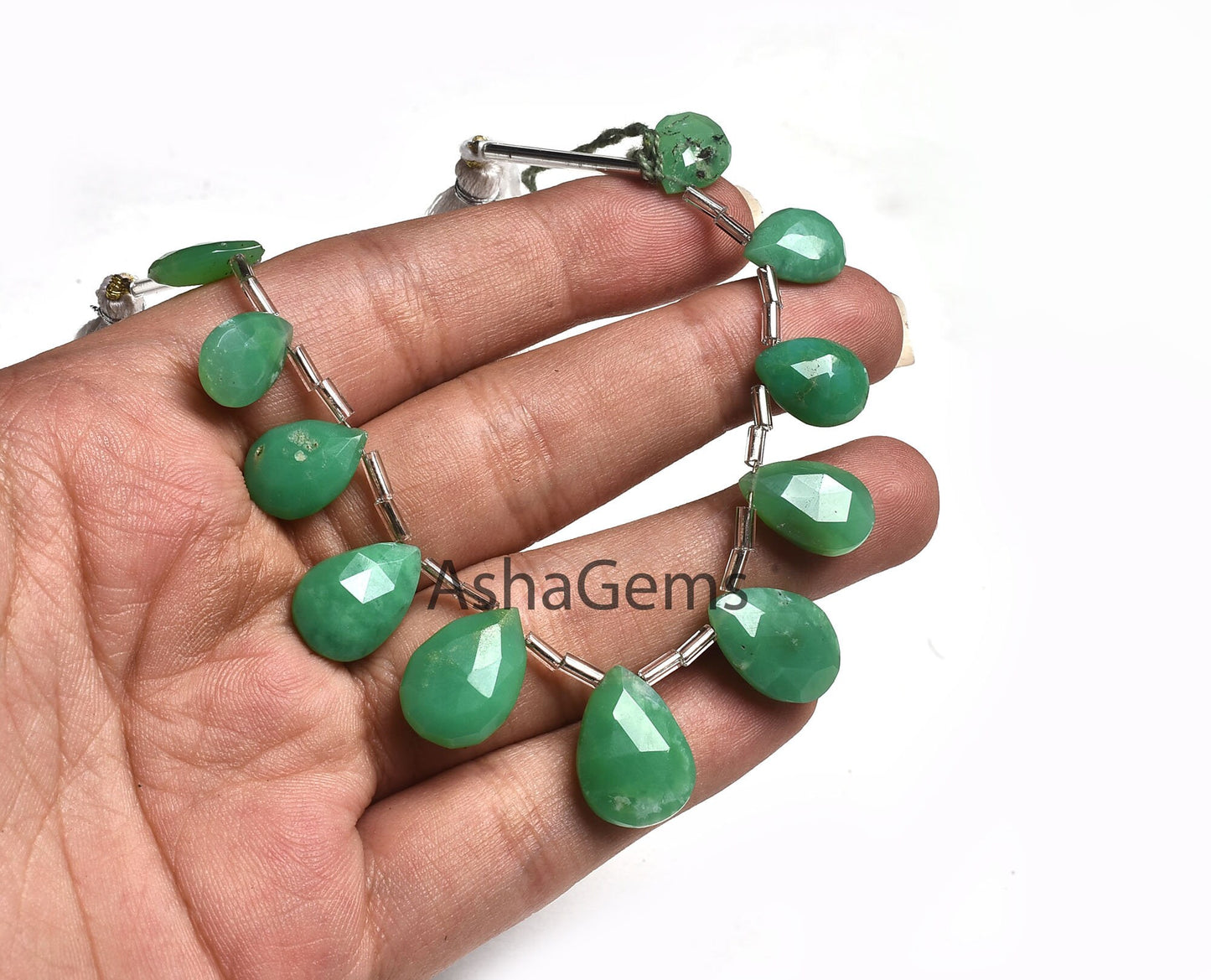 Genuine Green Chrysoprase Faceted Pear Shape Gemstone Beads,11Pc Strand Natural Chrysoprase Flat Teardrop Bead Chrysoprase Briolette Jewelry