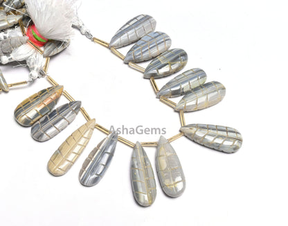 Beautiful Shaded Grey Green Opal Carved Pears Shape Gemstone Beads, Opal Carving Fancy Shape Handmade Carved Teardrop Beads Jewelry Makings