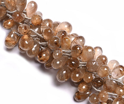 Fine Quality Copper Rutile Faceted Drop Shape Beads, Natural Rutile Quartz Teardrop Briolette Side Drill Gemstone Beads Jewelry Making Craft