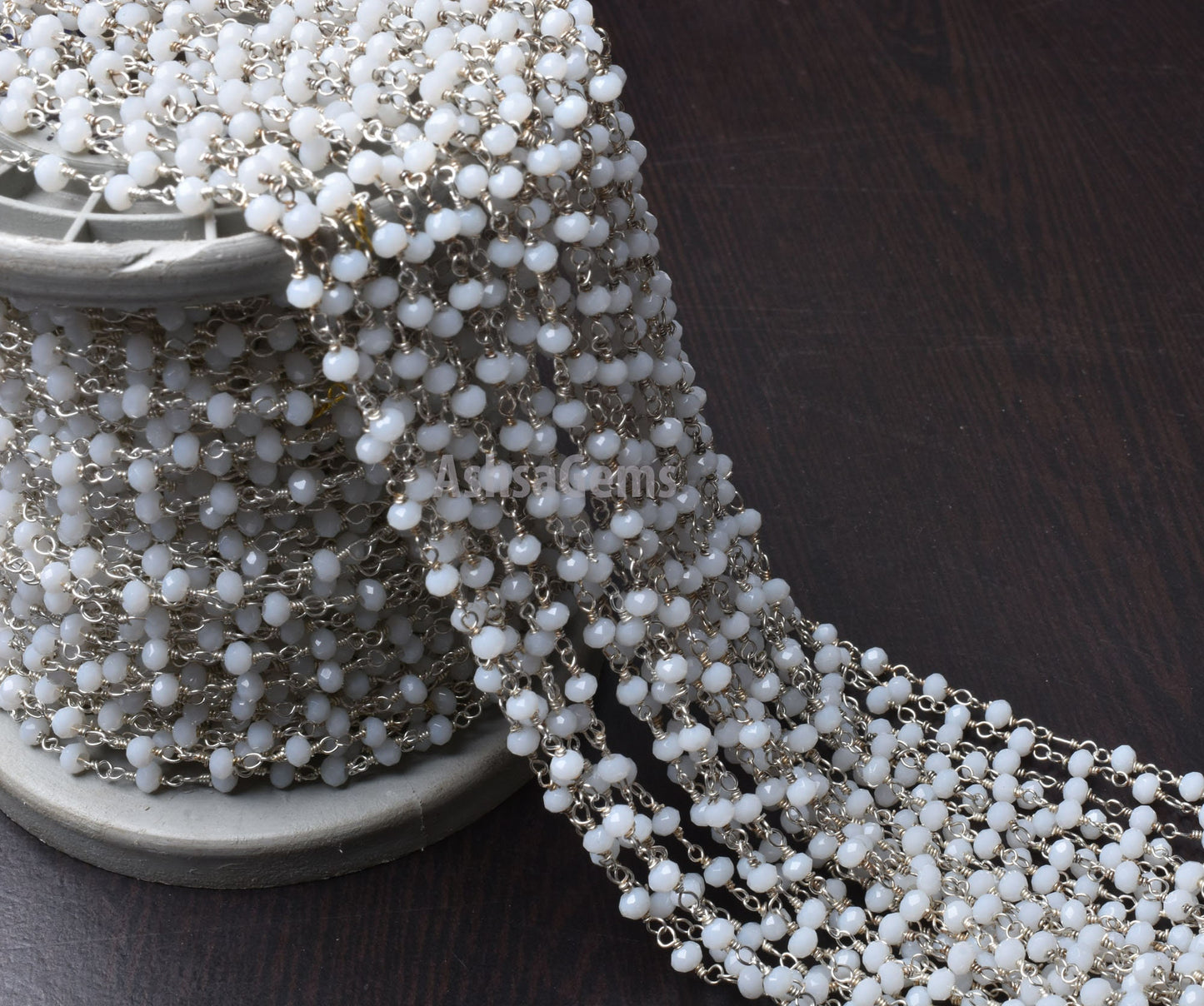 Amazing White Agate Hydro Faceted Rondelle Beads Rosary Chain,3 mm Silver Plated Wire Wrap Chain By Feet Rosary Chain Jewelry making Crafts