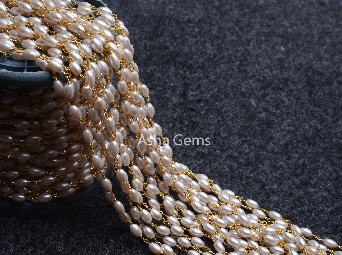 White Rice Pearl Hydro Smooth Beaded Rosary Chain 1,3,5,25 Ft White Pearl Gold Plated Wire Chain 4.5x7 mm Size Beads Wire Wrapped Chain