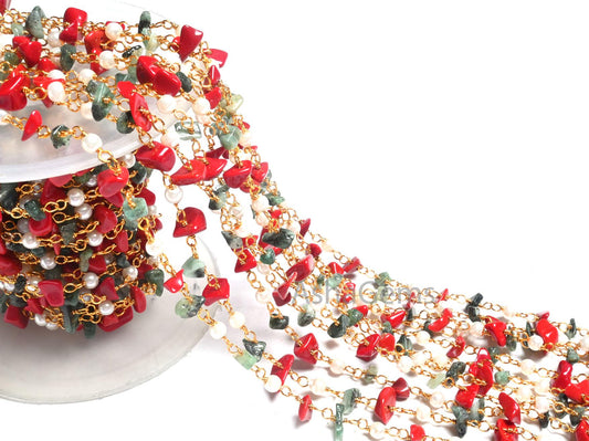 Beautiful Pearl Hydro, Red Stone, Emerald Uncut Chip Beads Rosary Chain, Gold, Silver Plated Multi Color Beaded Chains Jewelry Making Crafts