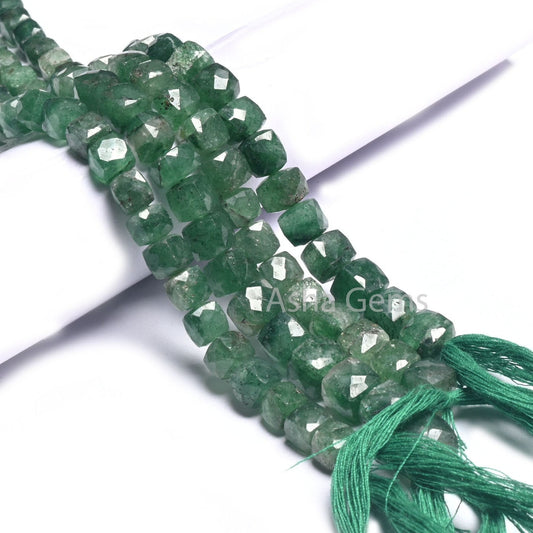 10" Strand Green Strawberry Quartz Faceted 3D Cube Box Shape Beads, Natural Green Strawberry Indian Cut Box Beads Jewelry Making Crafts SALE