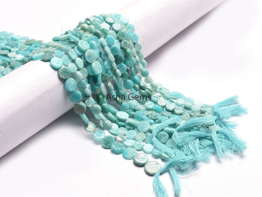 Beautiful Amazonite Smooth Coin Gemstone Beads,13" Natural Blue Amazonite Uneven Coin Straight Drill Handmade Bead, Amazonite Beads Jewelry