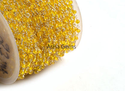 3,5,10,25 Ft,Lemon Quartz Hydro Rondelle Faceted Beaded Rosary Chain,Silver plated Chain,Jewelry Making Crafts,Finding,3-3.5 mm,Beads Chain