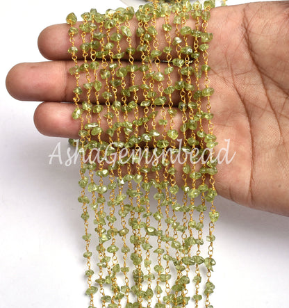 3,5,10,25 Feet Chain, Natural Green Peridot Uncut Chip Beads rosary Chain Gold Plated Wire Bulk Roll Smooth Gemstone Beaded Rosary Chain