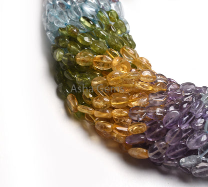 Shaded Multi Color Gemstone Smooth Oval Beads,13" Peridot Citrine Amethyst Handmade Plain Oval Straight Drill Beads, Disco Oval Bead Jewelry